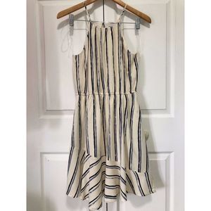 Womens Dress Spirit of Grace Size Medium Blue Cream Stripe Pockets Lined Ruffle